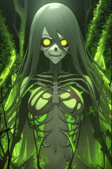 Skeletal undead zombie with roots and fungi on its body neon green eyes discarded clothing dirt covering its body toxic neon green blood in the middle of a dark forest look at us facing the viewer