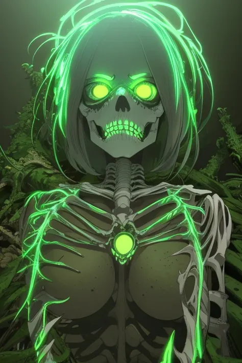 Skeletal undead zombie with roots and fungi on its body neon green eyes discarded clothing dirt covering its body toxic neon green blood in the middle of a dark forest look at us facing the viewer