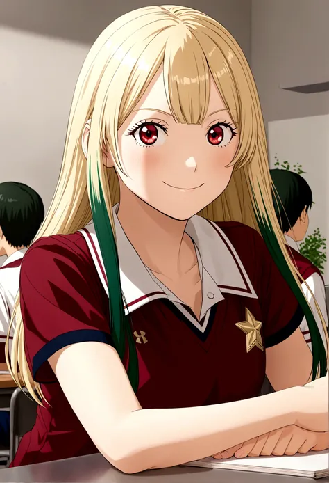 My Hero Academia Capture. Girl with straight blonde hair with green tips, with bangs, crimson eyes, a happy expression, She is wearing the UA uniform and in the background she has a UA school class and she is sitting at a table