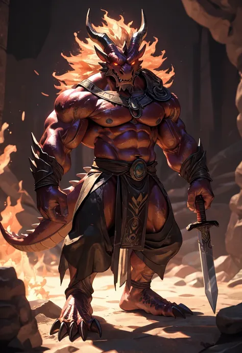 A powerful and high-definition 4k rendering of a muscular male Red Dragonborn Barbarian, standing tall and brimming with fiery rage. His impeccable anatomy is on full display, with bulging muscles rippling under a coating of sweat that glistens in the dram...