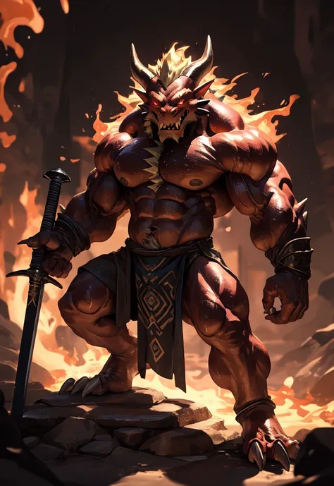 A powerful and high-definition 4k rendering of a muscular male Red Dragonborn Barbarian, standing tall and brimming with fiery rage. His impeccable anatomy is on full display, with bulging muscles rippling under a coating of sweat that glistens in the dram...