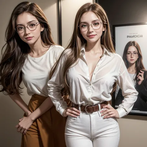 Pixer-inspired 3D poster of a white woman, Grinning, with long light brown hair, Light brown eyes, Wearing silver-colored oval-shaped prescription glasses, with a white blouse and jeans, with hands on hips and brown background