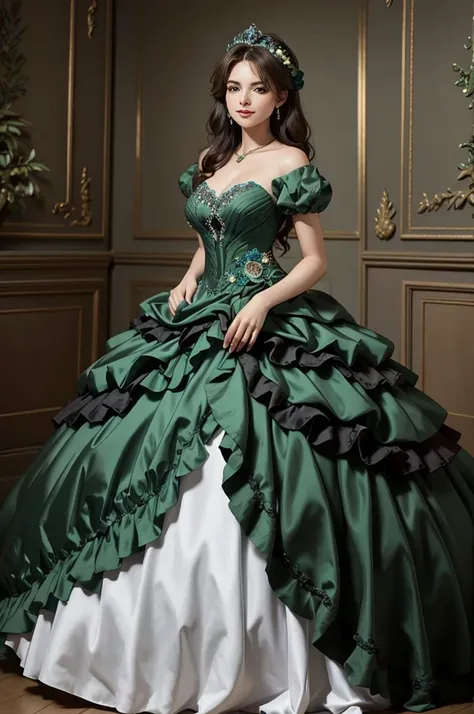 ((masterpiece, best quality)), edgquality,smug,smirk,
ballgown, a woman in a green  dress posing for a picture , wearing a ballg...