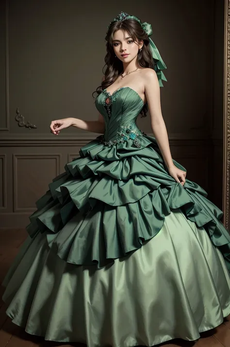 ((masterpiece, best quality)), edgquality,smug,smirk,
ballgown, a woman in a green  dress posing for a picture , wearing a ballg...