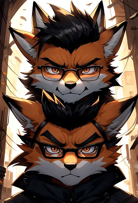 A fox with angry and tough faces, wearing dark glasses, with quiff, in face icon pose
