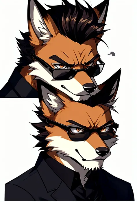 A fox with angry and tough faces, wearing dark glasses, with quiff, in face icon pose
