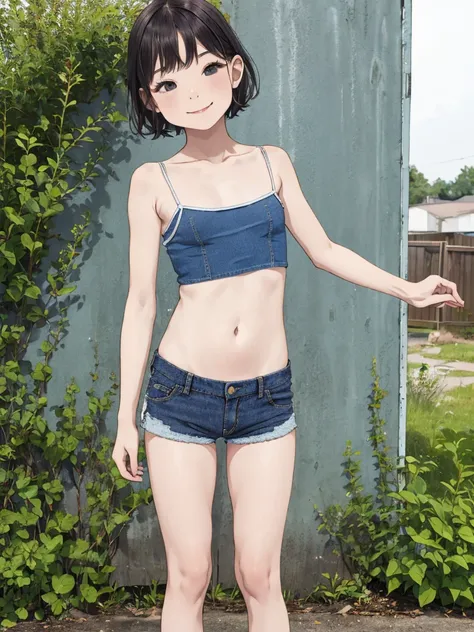 1girl,12yo,,outdoor,camisole,navel,denim shorts,socks,small breasts,,standing