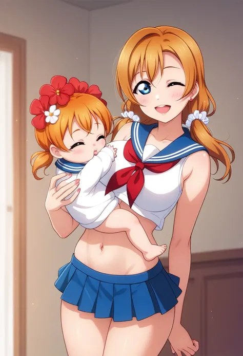 Honoka kousaka love live, cowboy shot, blue eyes, orange hair,hair flower, sailor top, sleeveless, breasts, micro skirt, perfect eyes, Perfect iris，Perfect skin，Soft front light，indoors；（pastel colour:1.2),(lipstick:0.8) ,sexy pose,wink, standing, mommy,lo...