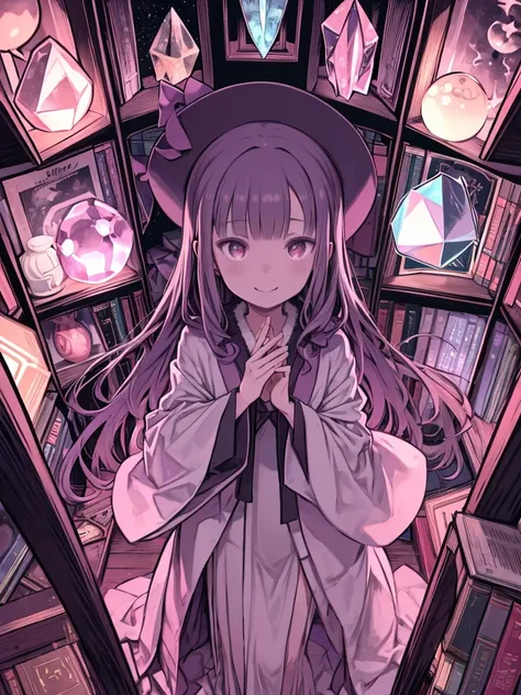 One Girl、Wizard、witch、Sorcerer、Wearing a robe、Hiding his face in a robe、Shadowed face、Glowing Eyes、Grin、Looking up、I stroke the crystal ball on the table with both hands.、Old bookshelves、Flat Color、