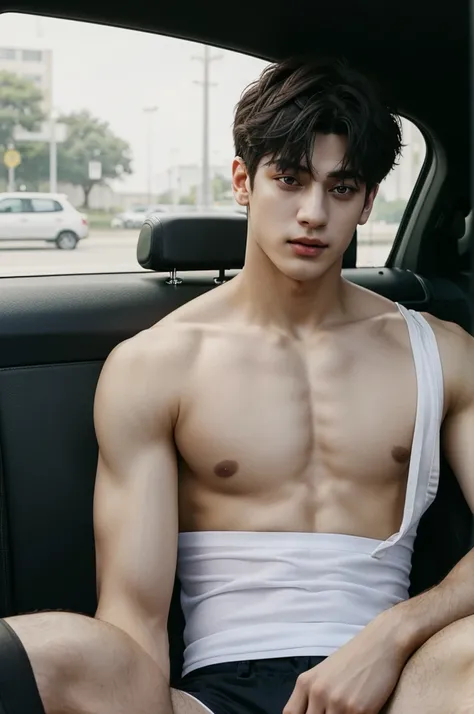 a close up of a person sitting in a car with a topless, he wearing white jockstrap underwear, jungkook, hyung tae, very attractive and beautiful, taehyung eating gucci fries, cai xukun, handsome and attractive, attractive and good looking, cant believe it ...