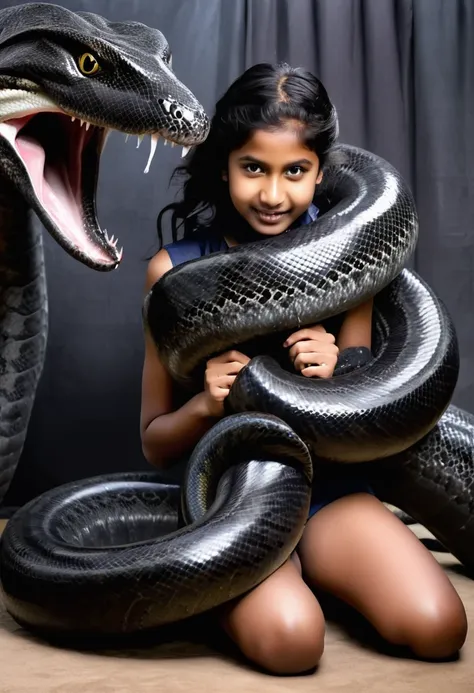 happy horny, aroused 1girl), beautiful kneeling indian young teen girl  with  giant colossal black anaconda monster  squeezing h...