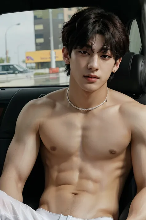 a close up of a person sitting in a car with a topless, he wearing white jockstrap underwear, jungkook, hyung tae, very attractive and beautiful, taehyung eating gucci fries, cai xukun, handsome and attractive, attractive and good looking, cant believe it ...