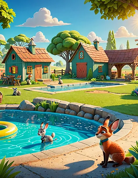 Design a 3D scene of a Zootopia summer farm, 3D cartoon style, chill, bright sunshine, bright color


