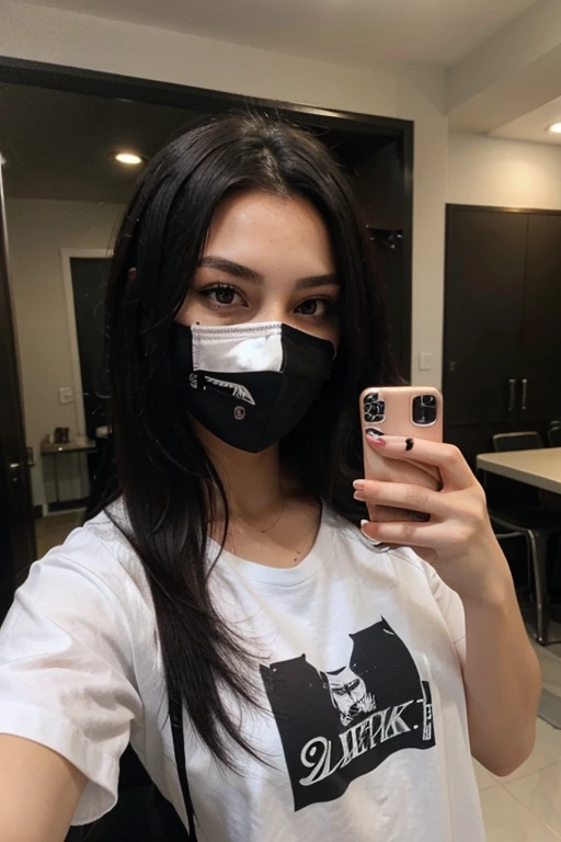 Sexy girl with long black hair taking a selfie with black mask and white shirt