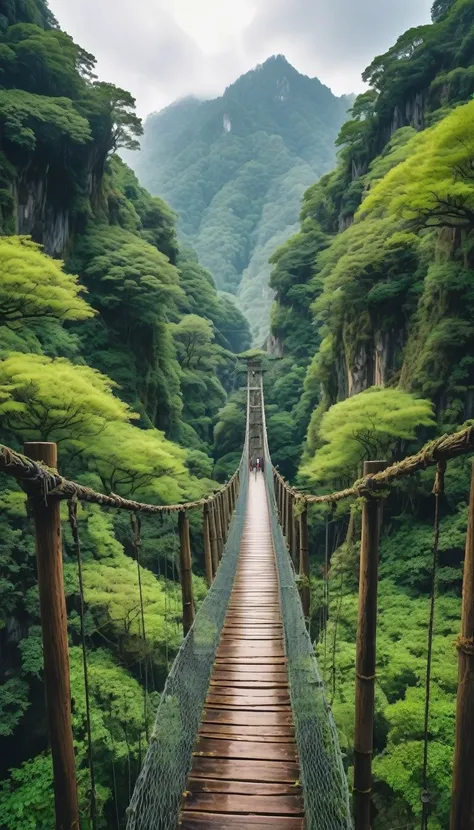 Drone photography, Wide Shot, Towering Mountain々An old, rustic suspension bridge that hangs precariously between the summits of, Worn out and exposed to the elements, Sway gently in the breeze, The wooden boards creak, Overgrown with vines and moss, Age an...