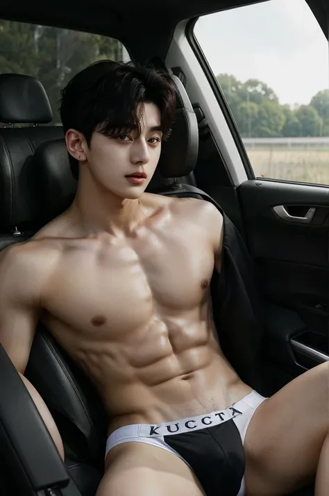 a close up of a person sitting in a car with a topless, he wearing white jockstrap underwear, jungkook, hyung tae, very attractive and beautiful, taehyung eating gucci fries, cai xukun, handsome and attractive, attractive and good looking, cant believe it ...