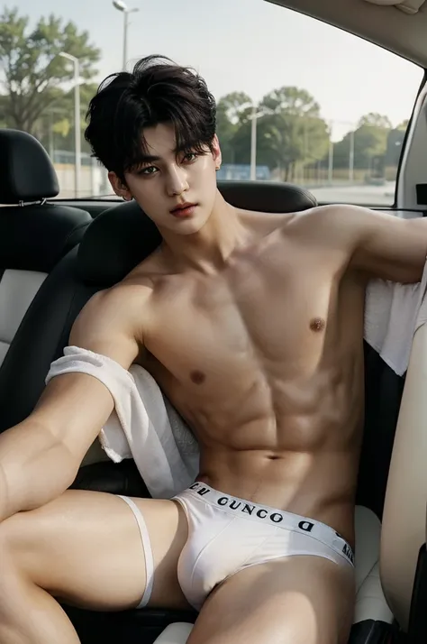 a close up of a person sitting in a car with a topless, he wearing white jockstrap underwear, jungkook, hyung tae, very attractive and beautiful, taehyung eating gucci fries, cai xukun, handsome and attractive, attractive and good looking, cant believe it ...