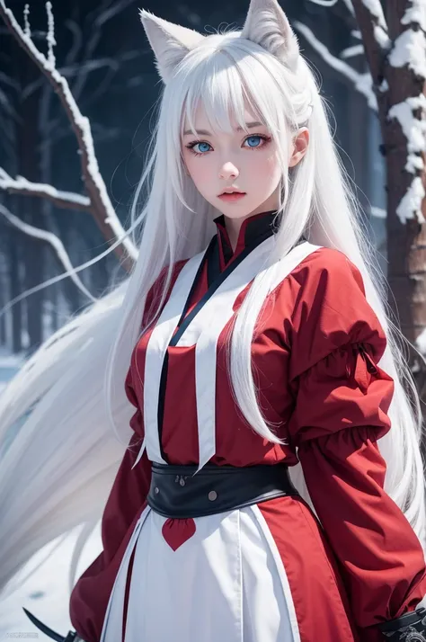 wolf girl, hair as white as snow, Katanas in hands,blue colored eyes, strawberry outfit