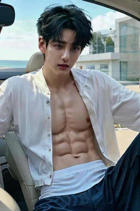 a close up of a person sitting in a car with a topless, he wearing white jockstrap underwear, jungkook, hyung tae, very attractive and beautiful, taehyung eating gucci fries, cai xukun, handsome and attractive, attractive and good looking, cant believe it ...