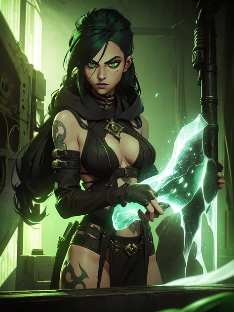 only one girl, black hair and phospor green underlights, green eyes, has tattoos, piercings, light skin but not that light, dressed in dark fantasy style, long hair gothic dark style punk diesel, in the lab working with weapons and hextech gems