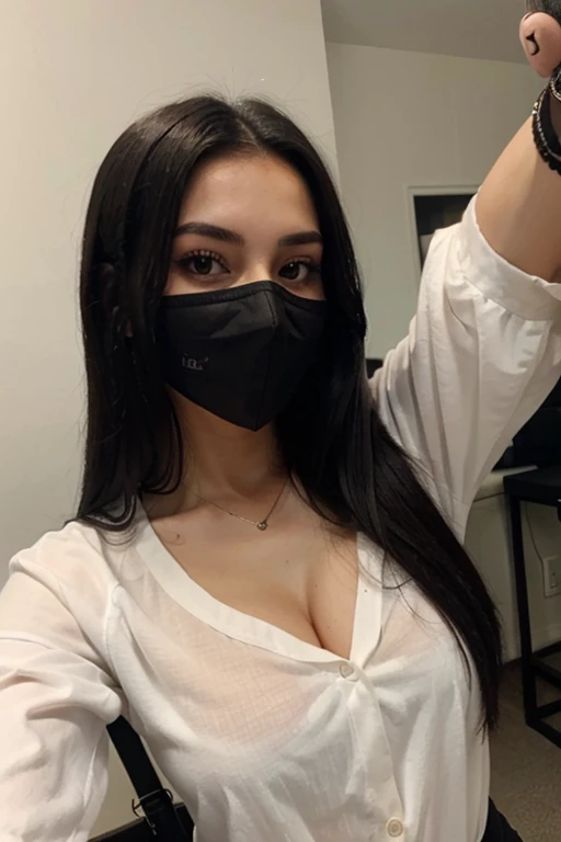 Sexy girl with long black hair taking a selfie with black mask and white shirt