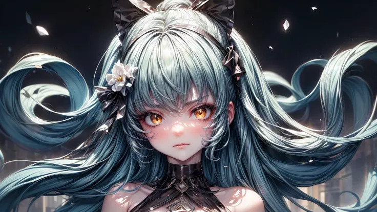 ((((Obra maestra, La mejor calidad, ultrahigh resolution)))), 1girl, standing,), ((long pure aqua hair, hair over eye)), long hair cut, shiny skin, ((golden eyes)), glowing_eyes, neon eyes, (ultra detailed eyes:0.7, beautiful and detailed face, detailed ey...