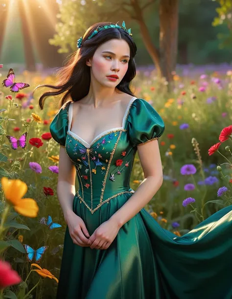 A beautiful young Snow White with long flowing dark hair, wearing a sparkling emerald green gown, standing in a vibrant flower meadow, (best quality,8k,highres,masterpiece:1.2), ultra-detailed, (realistic, photorealistic, photo-realistic:1.37), detailed fa...