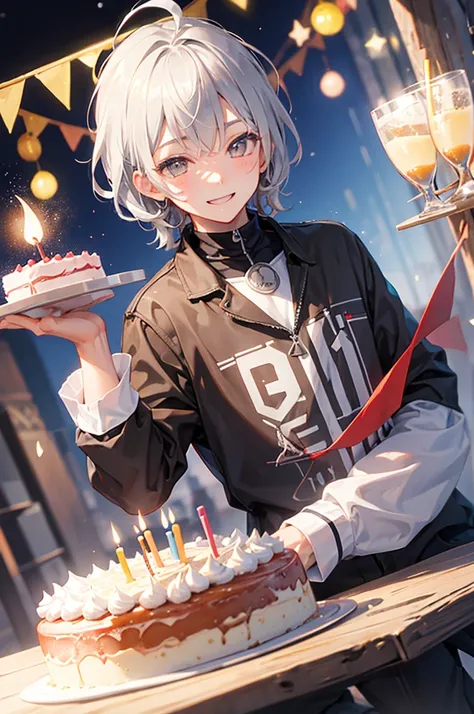 Celebrate a birthday,chum,Kizuna element,Young men,a cake,a smile,Gray Hair