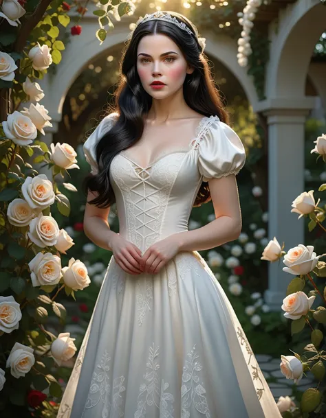 a beautiful young snow white with long flowing dark hair, wearing a white wedding gown with lace details, standing in a lush gar...