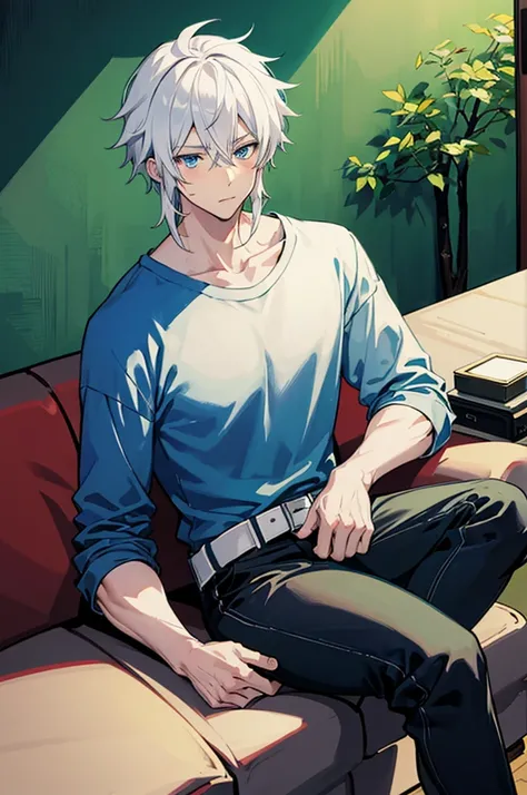 A 25 years old anime man with white hair and Blue eyes, sitting  on the couch, Wearing a Green  t-shirt, blushing 