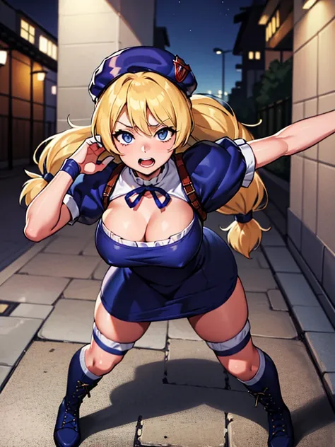 masterpiece, best quality, very aesthetic, absurdres, (newest) explicit, looking ar viewer, alley, Night, outdoors, 1girl, (HinakoMS:1.4), hat, blue eyes, short dress, beret, bandages, ribbon, knee pads, short sleeves, blue boots, fight pose, arm over head...