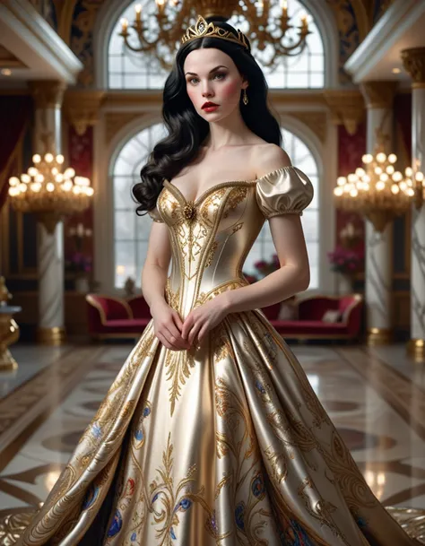 "a beautiful young snow white with long flowing dark hair, wearing a luxurious gold dress with intricate designs, standing in a ...