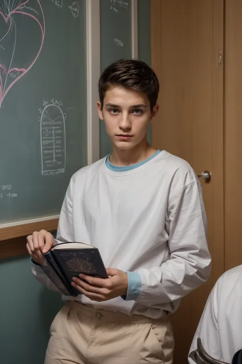 A beautiful young man, a cute male twink, with black hair, wearing a long-sleeved white shirt and aquamarine blue pants, and he is in his scientific office, and behind him is a blackboard with the shape of the brain and its anatomy written on it, and next ...