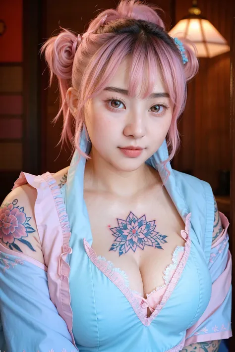 Georgeous, Beautiful, Cutes, Baby Face, 20 Years Old, White Skin, Sleeveless, Cleavage, Large Breast, Large Chests, ((Pink-Blue Pastel Coloured)) Off Shoulder Japanese Kimono, Lace Kimono, Embroidery Kimono, Muscles, Athletic, Girly, Japanese Vintage Backg...