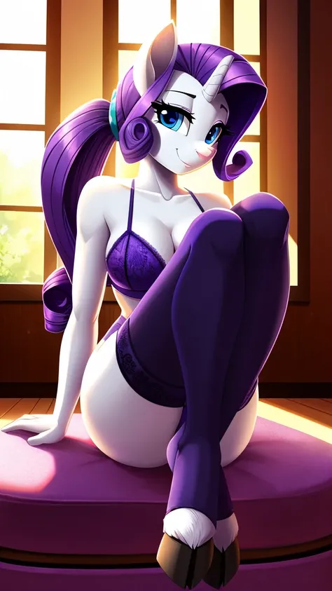 Solo, score_9, score_8_up, score_7_up, source_furry, Kat, Anthro furry pony girl, mlp, my_little_pony, (Rarity), unicorn, tall body, hourglass figure, adult female, blue eyes, silver fur, purple hair with pony tail, (striped tail), pink nose, wearing elast...