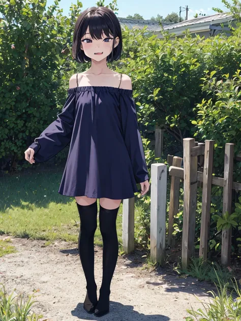 1girl,12yo,,outdoor,off shoulder,summer dress,thighhighs,standing,angry