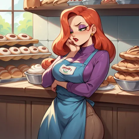 Jessica Rabbit is bored working in a bakery. She wears a light blue apron, she has big tits and a big ass, people are buying bread