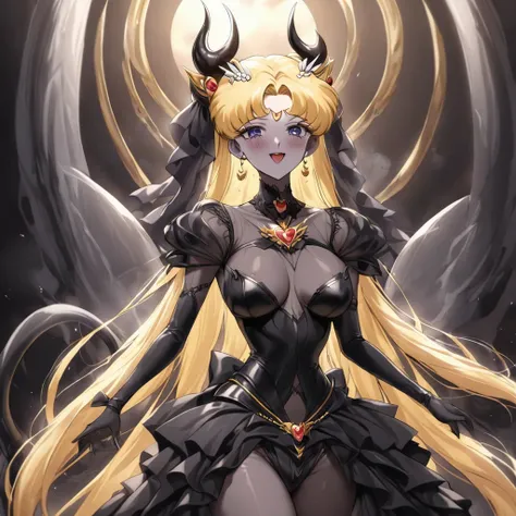 ((Highest quality)), ((masterpiece)), (detailed), （Perfect Face）、The woman is Princess Serenity having sex with the Demon King, the woman is Princess Serenity, a sexy female demon with jet black skin、The woman is a jet-black female demon with magnificent d...