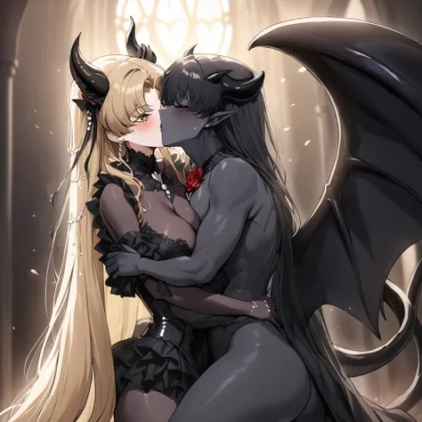 ((Highest quality)), ((masterpiece)), (detailed), （Perfect Face）、The woman is a sexy devil with jet black skin、The woman is a jet-black female demon with magnificent devil horns, jet-black devil wings, and a jet-black tail. Her skin is jet-black, and she i...