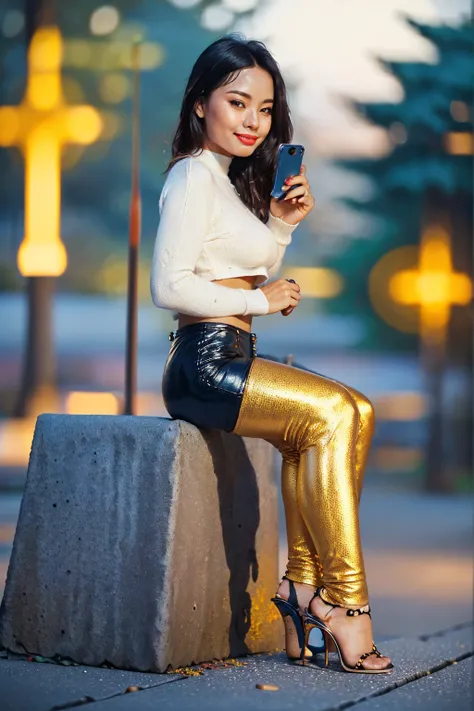 arafed asian woman in a satin dress, (((full body view:2))), ((pretty lady MoonLay:1.2)), (pretty lady MoonLay), ((((pretty lady MoonLays blushing sweet face and cute smile:1.3)))), ((stylish seductive sitting pose with smartphone for photography:1.5)), ((...