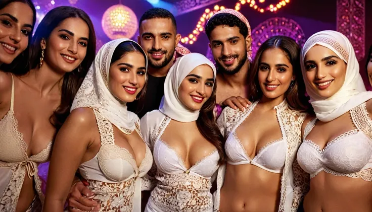 ((Best quality, 8k, Masterpiece :1.3)), (realistic, photo-realistic:1.37) A charismatic man wearing Arabic clothes is surrounded by seven young sexy Arab women wearing hijabs with sexy white lace bras. Some gently place their hands on his shoulders or body...