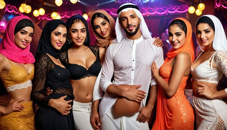 ((Best quality, 8k, Masterpiece :1.3)), (realistic, photo-realistic:1.37) A charismatic man wearing Arabic clothes is surrounded by seven young sexy Arab women wearing hijabs with sexy white lace bras. Some gently place their hands on his shoulders or body...