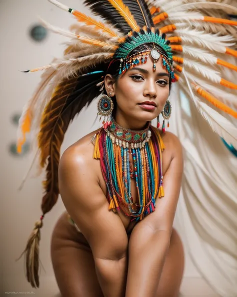 Beautiful Cherokee Indian woman with beautiful terracotta colored headdresses, blackw, doradas, cobre, Pearl, white and beige, feathers made of bright neon of various colors, flares on camera, bokeh, full moon night
