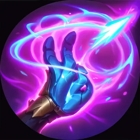 I want a 2d icon, for a game, with a 5-fingered hand, Electric touch, thunder coming out of a hand, and hitting a target, dark blue background and shock blue half purple
