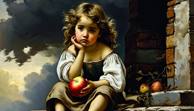 ((little angel girl with apple)), solo, ((sitting on the chimney)), nimb, dark clouds, black sad eyes, half-turned gaze to the viewer, bowed head, tunic, curly brown hair, ((Jose de Ribera style)), dark Renaissance, gradient of aged yellowed canvas, ((best...