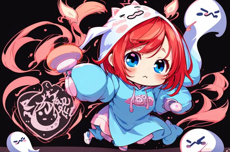 ANIME Chibi Girl logo, Vector style, A CUTE girl, wearing a ghost costume with a hood, no details on the costume, red hair, blue eyes. The logo style should be in anime kawaii style, artistic. No six fingers, short hair, No detailed drawing, No long hair. ...