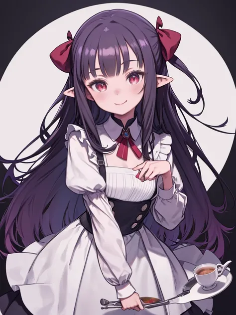 One Girl、Purple long hair、Red Eyes、Black maid outfit、Pointed Ears、White Apron Dress、White long gloves、Red ribbon collar、White collar、Large white headband、Hold a tea set on a tray in one hand、Hands Behind Back、tilting the head、Smiling、Inside a rich mansion、