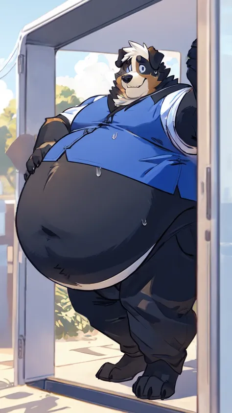 Dogs are fluffy fat chuby，personal，middle aged，St. Bernard，inflating adult，big fat bloated belpy inflation ，fat strong，Slightly fat，muscle，teacher，outdoor，Sweat，Wet short sleeves，stand at the door，Smile，Anime style，Blue Theme，Green Plants，Looking at you，Gl...