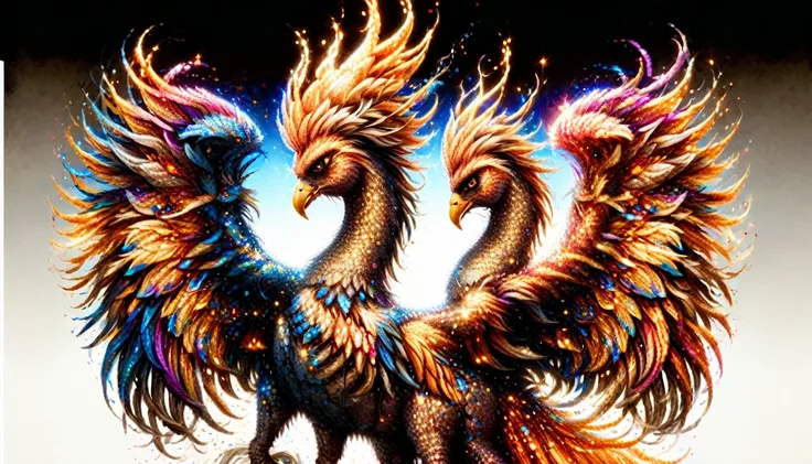 A phoenix with royal brilliance rising from the ashes, its fiery plumage a brilliant display of sparkling colors, symbolizing rebirth and beauty 