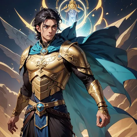 Height: 63"
Build: Muscular yet agile
Hair: Dark brown, short
Eyes: Piercing blue
Skin: Weathered, marked with scars
Armor: Distinctive, holy aura, silver and gold accents, intricate symbols of Arkay
Cape: Long, flowing, blue, trimmed with gold, emblem of ...